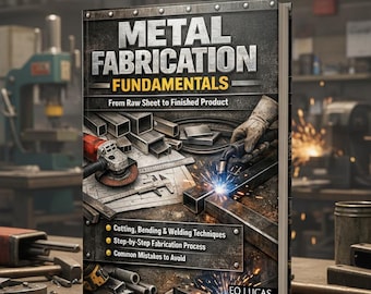 May include: A book titled "Metal Fabrication Fundamentals" with the subtitle "From Raw Sheet to Finished Product." The cover features welding, metal cutting, and blueprints. The book's topics include cutting, bending, welding techniques, step-by-step fabrication, and common mistakes to avoid.