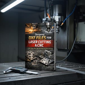 May include: A book titled "Designing DXF Files for Laser Cutting & CNC" is displayed on a metal surface. The cover features sparks, machinery, and metal parts. A digital caliper rests in front of the book. The book's subtitle reads "Kerf, Holes, Slots, Tabs and Corners for Perfect-Fit Parts."