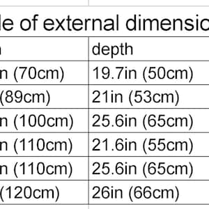 May include: Table showing external dimensions for different sizes of a product. The table lists the size, width, depth, and height in inches and centimetres.