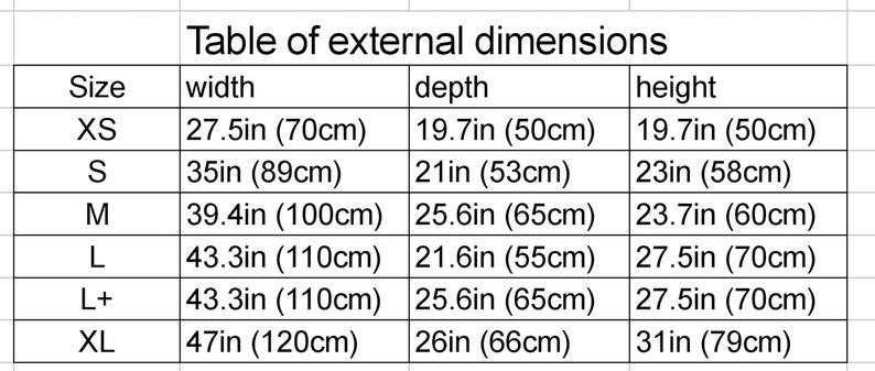 May include: Table showing external dimensions for different sizes of a product. The table lists the size, width, depth, and height in inches and centimetres.