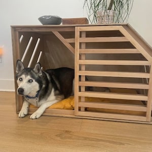 May include: A wooden dog crate with a black and white husky dog inside. The crate has a slatted door and a small bed inside.