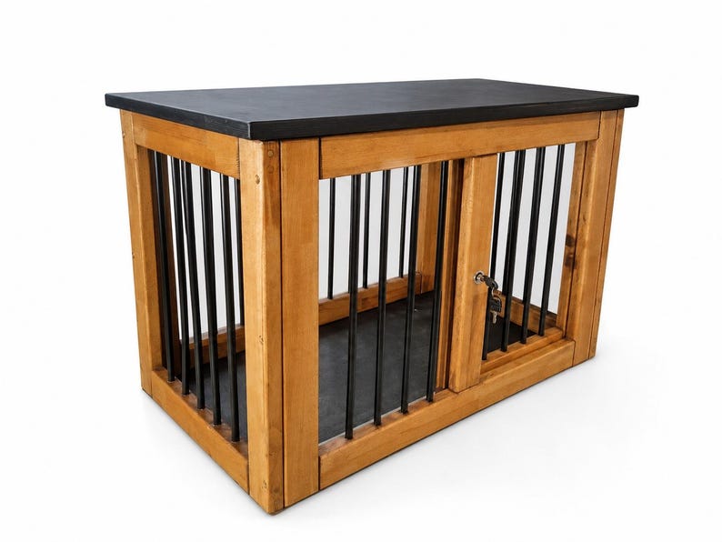 K&ouml;nnte beinhalten: Eine rechteckige Tierbox aus hellbraunem Holz mit einer massiven schwarzen Oberseite und Bodenplatte. Die Konstruktion verf&uuml;gt &uuml;ber vertikale schwarze Metallst&auml;be an allen Seiten sowie eine Vordert&uuml;r mit einem kleinen silbernen Schloss und Schl&uuml;ssel.
