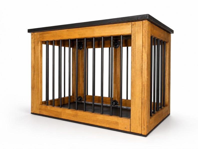K&ouml;nnte beinhalten: Eine rechteckige Tierbox aus hellbraunem Holz mit dunkelbraunem Deckel und Boden. Die Konstruktion verf&uuml;gt &uuml;ber vertikale schwarze Metallst&auml;be an der Vorder- und den Seiten, die mit runden Metallbeschl&auml;gen an den Ecken befestigt sind.