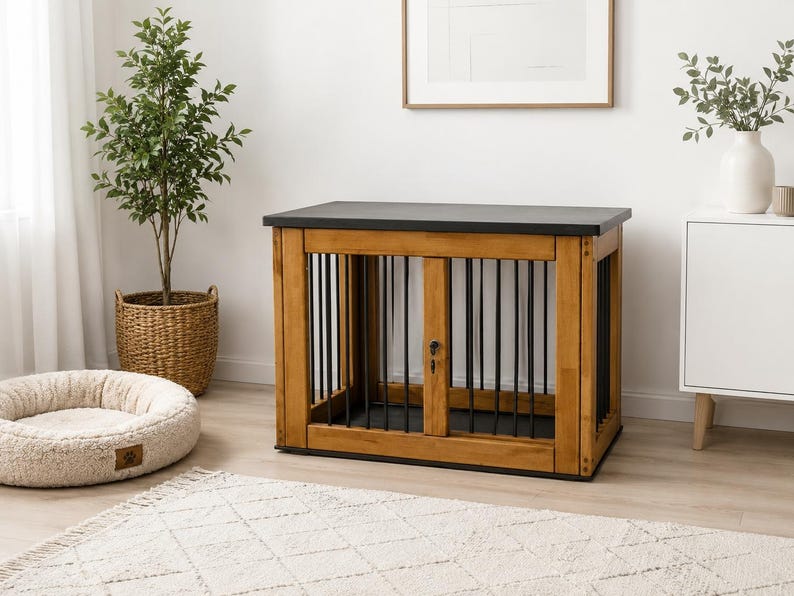 K&ouml;nnte beinhalten: Eine rechteckige Tierbox mit einem Rahmen aus naturfarbenem, hellbraunem Holz und vertikalen schwarzen Metallst&auml;ben. Die Box verf&uuml;gt &uuml;ber eine massive schwarze Oberseite und eine mittige T&uuml;r mit einem kleinen Metallriegel als Verschluss.