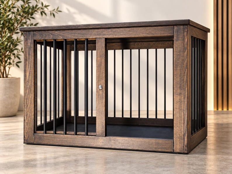 K&ouml;nnte beinhalten: Eine rechteckige Tierbox aus dunkel gebeiztem Holz mit massivem Boden und Deckel. Die Konstruktion verf&uuml;gt &uuml;ber vertikale schwarze Metallst&auml;be an allen Seiten sowie eine mittige Schiebet&uuml;r an der Vorderseite mit einem kleinen runden silbernen Schloss.