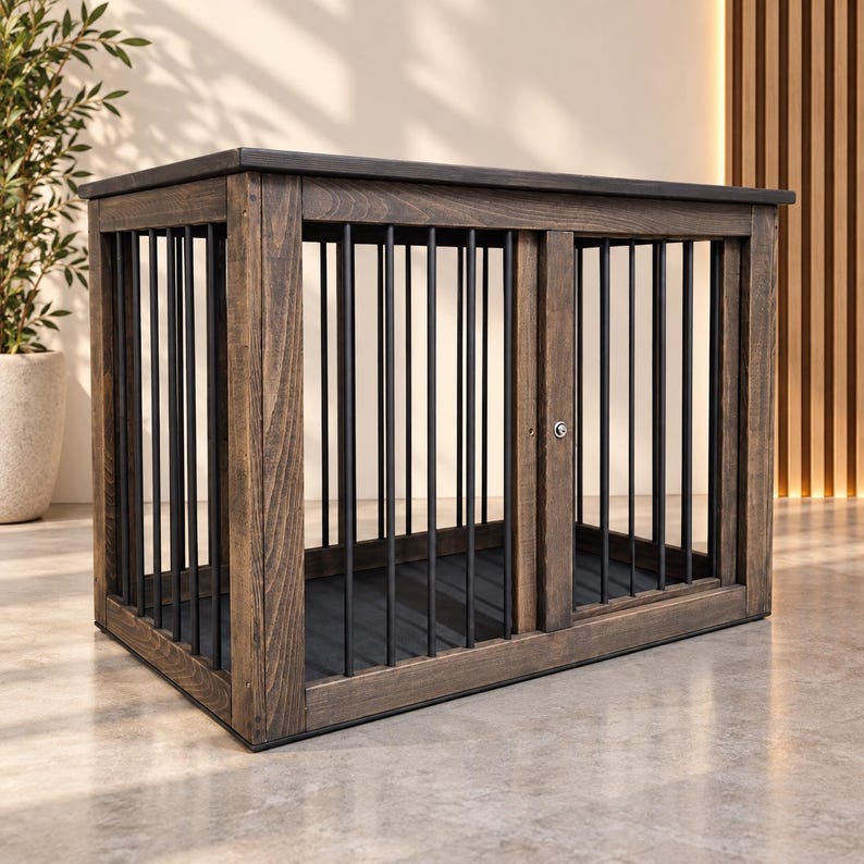K&ouml;nnte beinhalten: Eine rechteckige Tierbox aus dunkel gebeiztem Holz mit einer massiven Oberseite. Die Konstruktion verf&uuml;gt &uuml;ber vertikale schwarze Metallst&auml;be an allen Seiten und eine Frontplatte mit einem zentralen Verschlussmechanismus f&uuml;r Sicherheit.