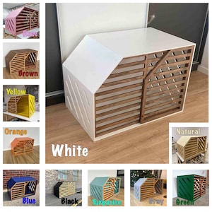 May include: A wooden dog house with a sloping roof and slatted sides. The house is available in a range of colours, including white, rose, brown, yellow, orange, natural, blue, black, turquoise, grey, and green.