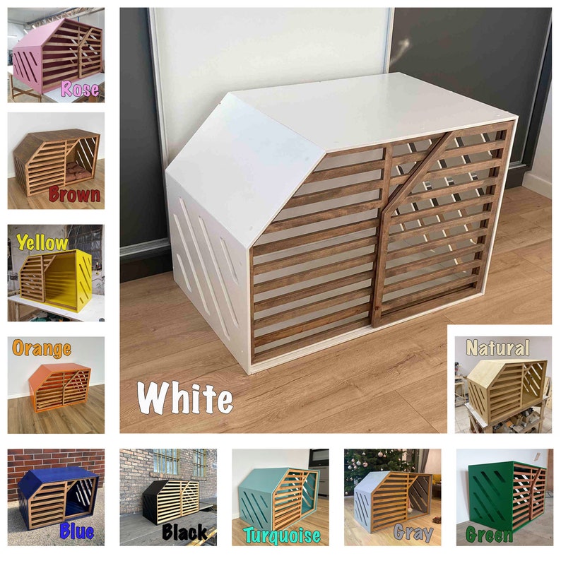 May include: A wooden dog house with a sloping roof and slatted sides. The house is available in a range of colours, including white, rose, brown, yellow, orange, natural, blue, black, turquoise, grey, and green.