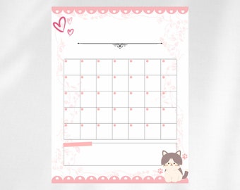 May include: A white calendar with a pink border and decorative floral accents. The calendar features a grid for dates, a space for notes, and a cartoon cat illustration. Two pink hearts are at the top left.