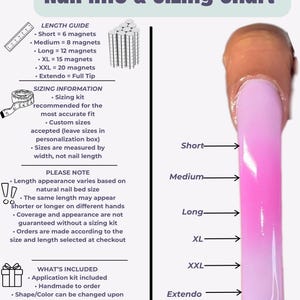 May include: A nail info and sizing chart featuring a pink ombre press-on nail with labels for short, medium, long, XL, XXL, and extendo lengths. The text includes a length guide, sizing information, notes on fit, and details about what is included.