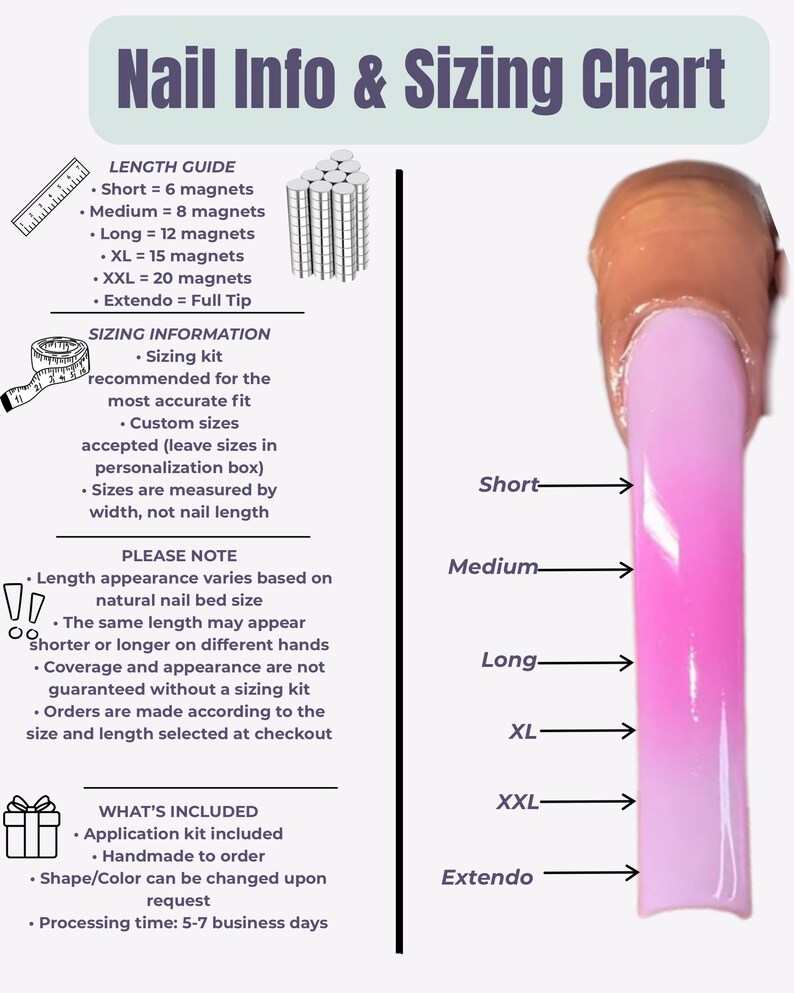 May include: A nail info and sizing chart featuring a pink ombre press-on nail with labels for short, medium, long, XL, XXL, and extendo lengths. The text includes a length guide, sizing information, notes on fit, and details about what is included.