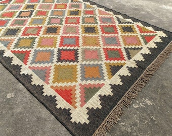Handwoven Wool Jute Kilim Rug, Wool Jute Rug, Kilim Jute Rug, Flatweave Rug, Bohemian Rug, Indian Dhurrie Rug, Navajo Kilim Rug, Custom Rug
