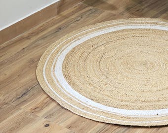 Handgefertigter runder Juteteppich: Geflochtener Boho-Stil, umweltfreundlich