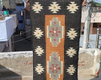 Handmade Wool Jute Kilim Runner Rug: Bohemian Hallway Decor Navajo Traditional Indian Dhurrie
