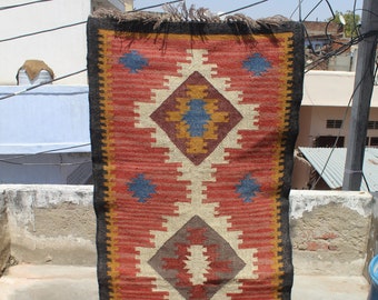 Tapis de passage kilim, tissé à la main, tapis en laine et jute fait main, tapis Kilim Dhurrie, motifs, oriental, traditionnel indien, géométrique, turc, maison