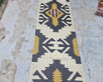 Handwoven Wool Jute Kilim Rug: Boho Hallway Stair Runner