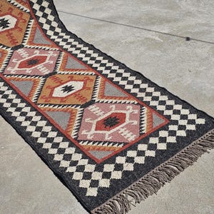 Handmade Wool Jute Kilim Runner Rug: Bohemian Stair Hallway Carpet
