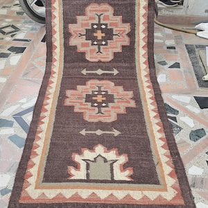 Handwoven Wool Jute Kilim Runner: Bohemian Hallway Rug