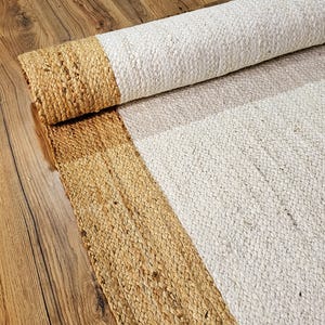 Solid Bordered White Boho Jute Rug Large Area Rug Handmade Jute Rug Natural Jute Rug Bohemian Rug Hand Braided Jute Rug Custom Rug
