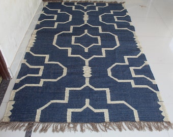 Handwoven Wool Jute Kilim Rug: Bohemian Flatweave Dhurrie Carpet Traditional Indian Dhurrie