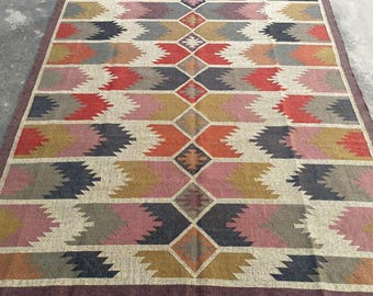 Handwoven Kilim Rug: Vintage Geometric Wool Dhurrie (8x10, 9x12)