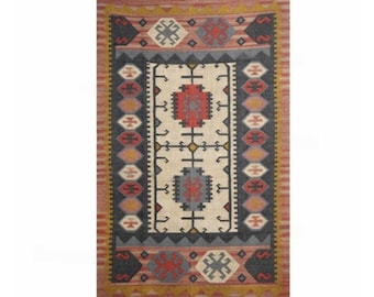 Handwoven Wool Jute Kilim Rug: Vintage Bohemian Area Rug