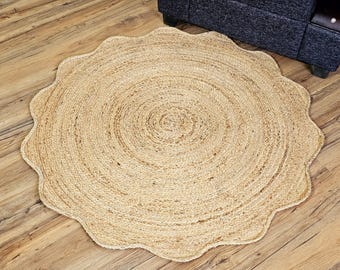 Handmade Scalloped Jute Rug: Round Boho Area Rug