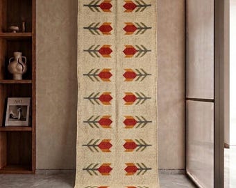 Vintage Kilim Runner Handmade Long Runner Bohemian Hallway Rug Wool Jute Kitchen Runner Hand Knotted Navajo Rug Entryway Custom Runner Rug