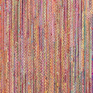 May include: A colorful, woven rug with vertical stripes in shades of red, orange, yellow, green, blue, and purple. The rug has a textured appearance, with each stripe appearing to be made of braided strands.