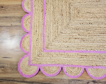 Handwoven Jute Rug: Scalloped Bohemian Rug with Pink Edges