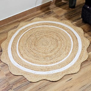 Scalloped Jute Rug: Round Braided Boho Rug with White Accents
