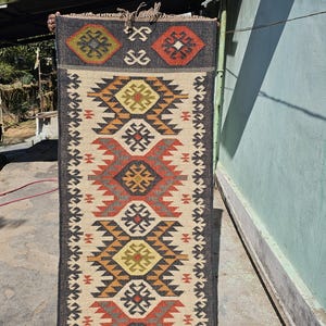 Handwoven Wool Jute Kilim Runner Rug: Bohemian Hallway Decor