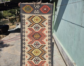 Handwoven Wool Jute Kilim Runner Rug: Bohemian Hallway Decor