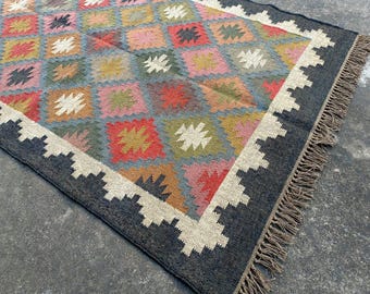 Alfombra Kilim de yute de lana tejida a mano: decoración boho vintage
