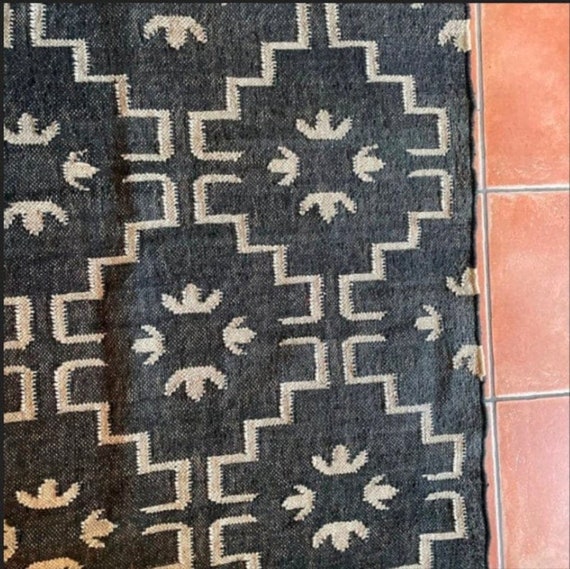Kilim Rug, Wool Jute Rug, Black Large Rug, Boho Area Rug, Custom Size Area Rug, Indian Dhurrie Rug, Warm Colour Rug, Traditional Rug