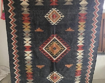Handmade Large Kilim Rug Wool Jute Decorative Floor Bohemian Custom Size Area Rug, Indian Dhurrie Rug, Warm Colour Rug, Traditional Rug