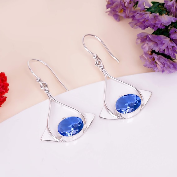 Boucles D'oreilles Pendantes En Argent 925 Avec Tanzanite Naturelle - Fabriqué Main En Inde
