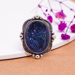 Electric Blue Titanium Agate Drusy 925 Sterling Silver Ring, Gemstone Ring, Adjustable Ring, Elegant Ring, Handmade Ring, Women Ring