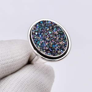 Electric Blue Titanium Agate Drusy 925 Sterling Silver Ring, Gemstone Ring, Boho Ring, Adjustable Ring, Elegant Ring, Unique Ring