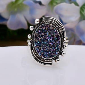Electric Blue Titanium Agate Drusy 925 Sterling Silver Ring, Gemstone Ring, Adjustable Ring, Handmade Ring, Beautiful Ring, Vintage Ring