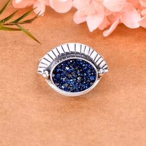 Electric Blue Titanium Agate Drusy 925 Sterling Silver Ring, Gemstone Ring, Handmade Ring, Adjustable Ring, Beautiful Ring, Gift For Friends