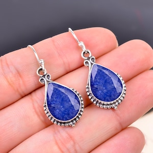 Blue Sapphire 925 Sterling Silver Earring, Gemstone Earring, Designer Earring, Beautiful Earring, Drop Dangle Earring, Handmade Earring