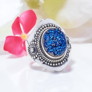 Electric Blue Titanium Agate Drusy 925 Sterling Silver Ring, Gemstone Ring, Adjustable Ring, Boho Ring, Elegant Ring, Handmade Ring
