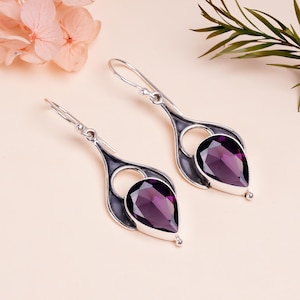 Pendiente de amatista morada, pendiente de plata de ley 925, pendiente de piedra preciosa, pendiente colgante, pendiente para mujer, pendiente único, regalo para ella/él