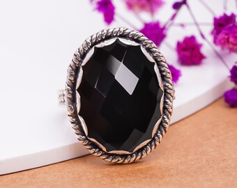 Bague En Argent 925 Avec Onyx Facetté Noir - Taille 55 - Occasion - Pierre Fine
