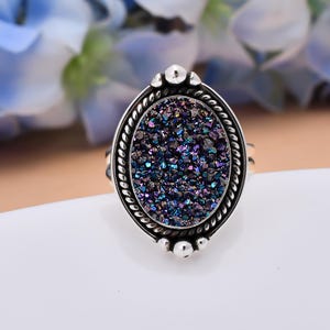 Electric Blue Titanium Agate Drusy 925 Sterling Silver Ring, Gemstone Ring, Adjustable Ring, Handmade Ring, Designer Ring, Vintage Ring