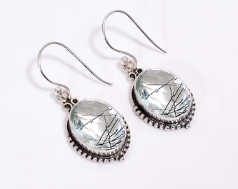 Black Rutilated Quartz 925 Sterling Silver Earring, Gemstone Earring