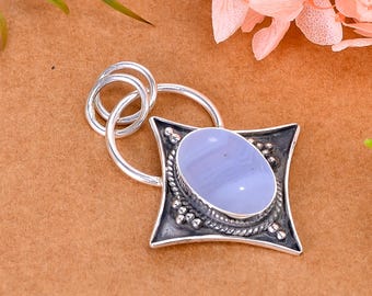 Pendentif en argent sterling 925 avec dentelle bleue, pendentif de créateur, bijoux en pierres précieuses