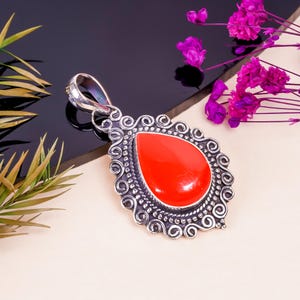 Red Coral 925 Sterling Silver Pendant, Gemstone Pendant, Handmade Pendant, Elegant Pendant, Boho Pendant, Women Pendant, Birthday Gift