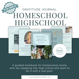 May include: A digital gratitude journal and workbook for homeschool high school, featuring multiple pages with light blue and white color schemes, text overlays, a portrait of a woman, and a graduation cap image. Includes the text "Mindset Shifts for Homeschool Moms Navigating the High School Years" and "Exploring the Charmed Life".